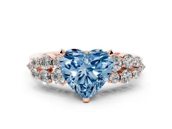 Fancy Blue Heart Cut Cluster Diamond Engagement Ring with Pavé Band and Four-Prong Setting Rose gold