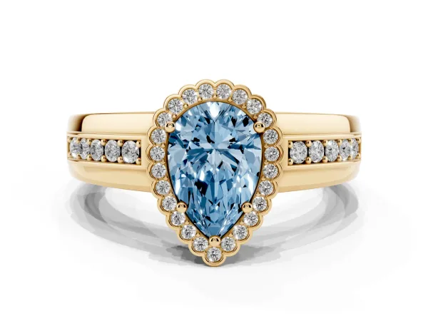 Fancy Blue Pear Cut Cut Halo Pave Band Four-Prong Ring Yellow gold