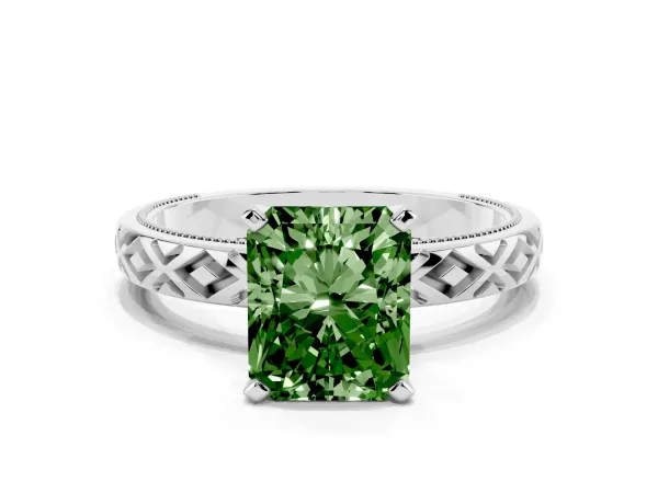Fancy Green Radiant Cut Solitaire Diamond Ring with Milgrain and Black Enamel X Pattern Band Platinum