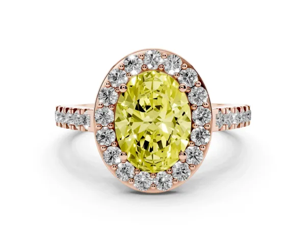 Fancy Yellow Oval Cut Diamond Halo Ring with Round Pavé Split Shank and Prong Setting Rose gold