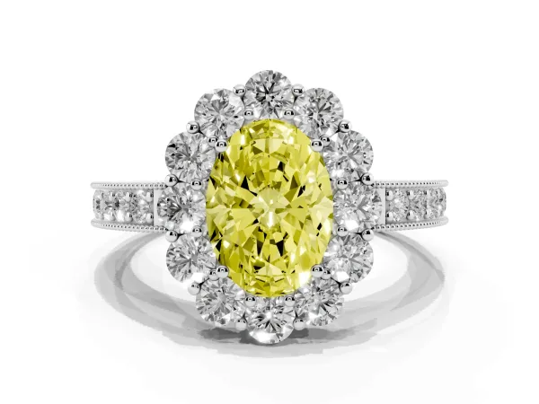Fancy Yellow Oval Cut Cut Halo Diamond Pavé Engagement Ring with Milgrain Detailing Platinum