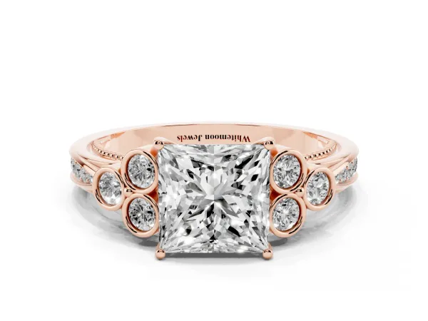 Princess Cut Cut Diamond Engagement Ring with Bezel Set Round Side Stones and Prong Setting Rose gold