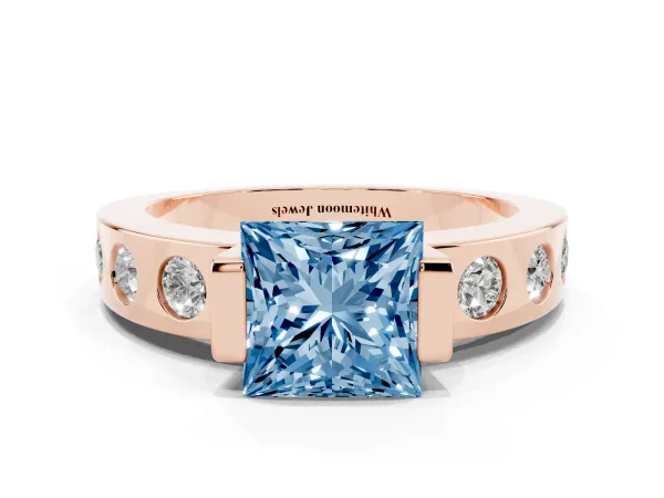 Fancy Blue Princess Cut Brilliant Channel-Set Diamond Ring with Bezel Prong Setting Rose gold