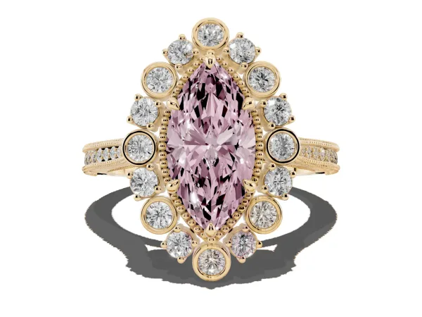 Fancy Pink Marquise Cut Halo Milgrain Pave Diamond Ring with Four-Prong Setting Yellow gold