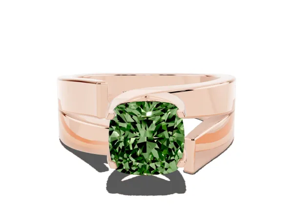 Fancy Green Modern Tension Set Cushion Cut Diamond Solitaire Wide Band Ring Rose gold