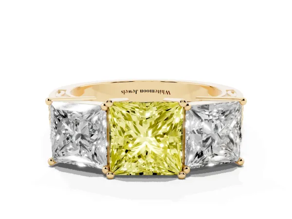 Fancy Yellow Princess Cut Diamond Three-Stone Ring with Prong Setting and Textured Band Yellow gold
