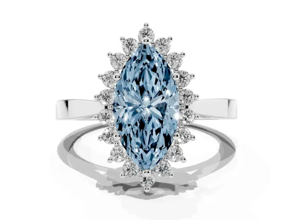 Fancy Blue Marquise Cut Cut Diamond Halo Ring with Round Brilliant Halo and Solitaire Band White gold