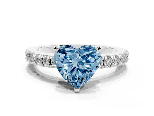 Fancy Blue Heart Cut Solitaire Diamond with Pavé Band and Four-Prong Setting White gold