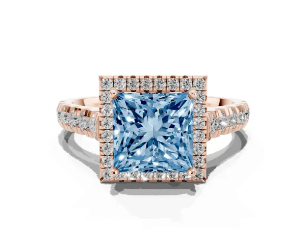 Fancy Blue Princess Cut Halo Pavé Diamond Engagement Ring with Four-Prong Setting Rose gold