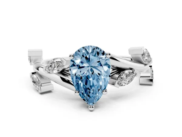 Fancy Blue Pear Cut Solitaire Twisted Band Marquise Accent Prong Setting Ring White gold