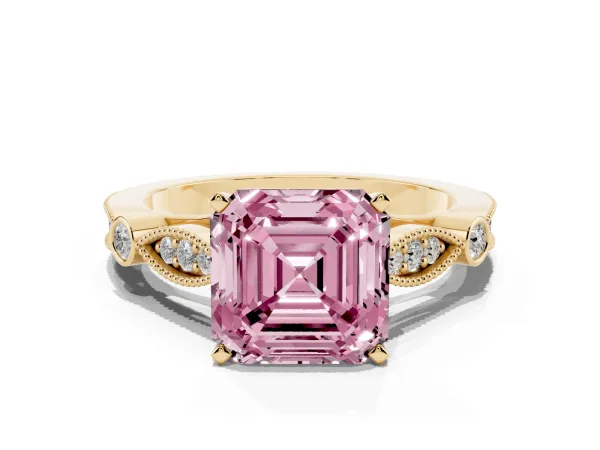 Fancy Pink Asscher Cut Cut Diamond with Milgrain Marquise and Bezel Accents on a Solitaire Band with Prong Setting Yellow gold
