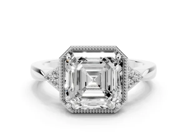 Hexagonal Halo Asscher Cut Diamond Solitaire with Pavé Band and Four-Prong Setting Platinum