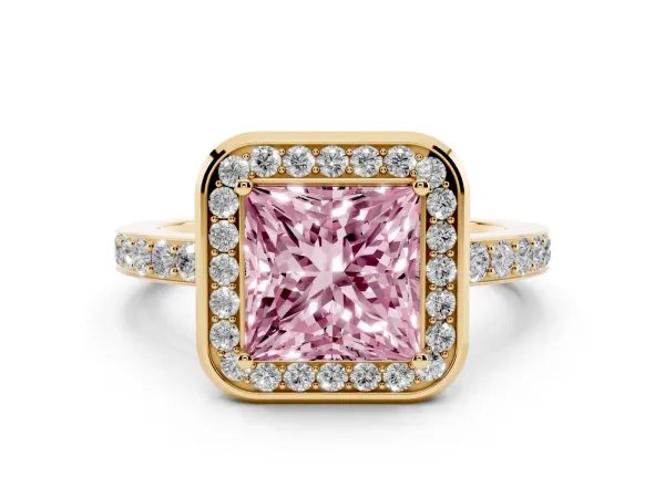 Fancy Pink Princess Cut Diamond Halo Ring with Bezel Frame and Pavé Band Yellow gold