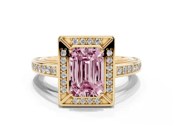 Fancy Pink Emerald Cut Cut Halo Pave Split Shank Prong Setting Ring Yellow gold