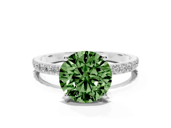 Fancy Green Round Cut Diamond Solitaire Ring with Round Pavé Shoulders and Prong Setting White gold