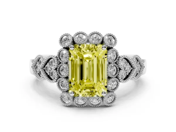 Fancy Yellow Emerald Cut Brilliant Milgrain Pave Heart Band Solitaire Ring Platinum