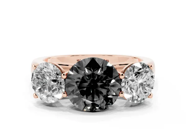 Fancy Black Round Cut Three-Stone Diamond Ring with Prong Setting on a Classic Band Rose gold