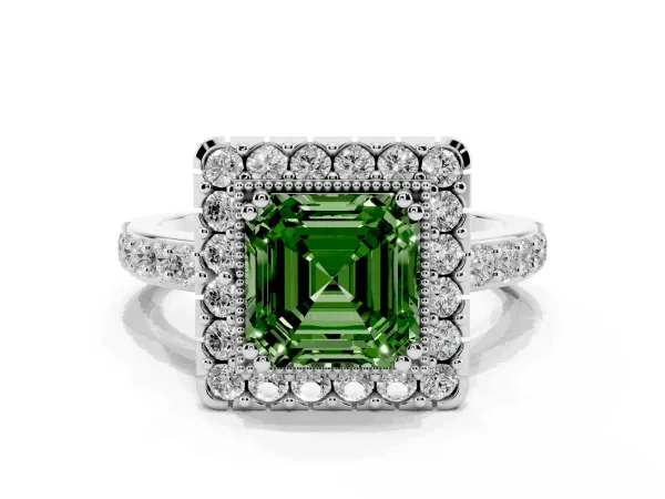 Fancy Green Asscher Cut Diamond Halo Ring with Pavé Band and Prong Setting White gold