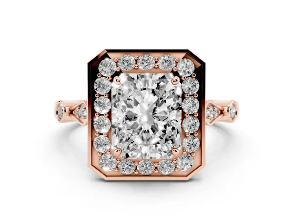 Radiant Cut Halo Diamond Engagement Ring with Twisted Band and Four-Prong Setting Rose gold