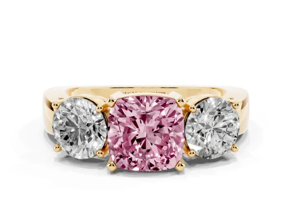 Fancy Pink Three-Stone Cushion Cut Diamond Ring with Round Side Stones, Classic Band, and Four-Prong Setting Yellow gold