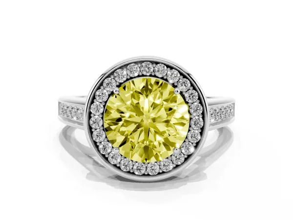 Fancy Yellow Round Cut Halo Solitaire Diamond Ring with Pave Band and Bezel Setting Platinum