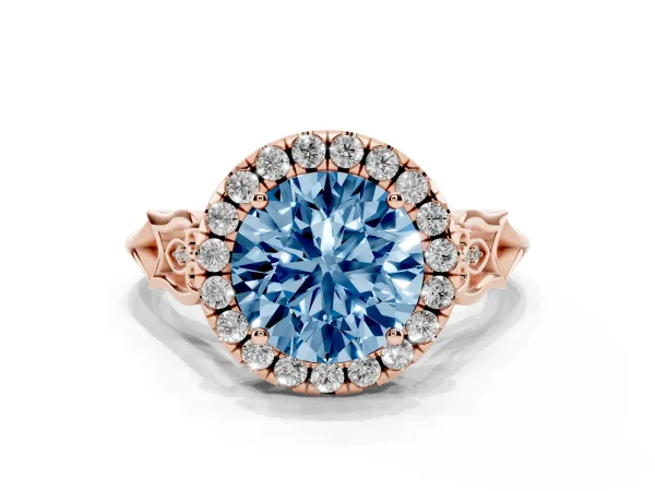 Fancy Blue Round Cut Halo Diamond Engagement Ring with Filigree Band and Four-Prong Setting Rose gold