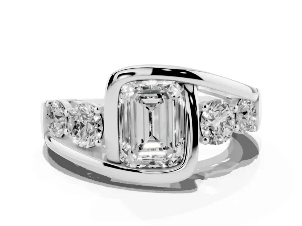 Bezel Set Emerald Cut Diamond Bypass Ring with Round Accents Platinum