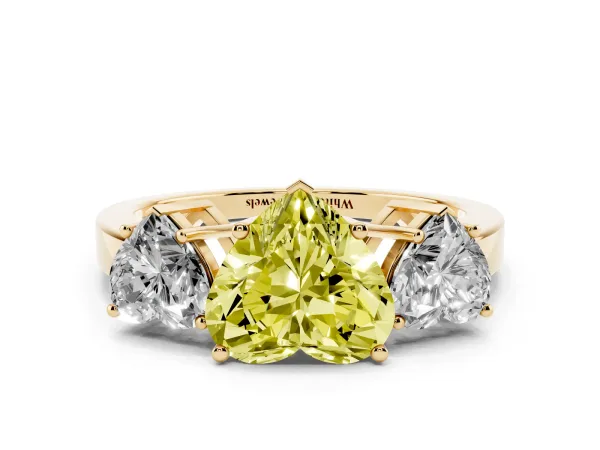 Fancy Yellow Three-Stone Heart Cut Cut Diamond Engagement Ring with Flat Band and Four-Prong Setting Yellow gold