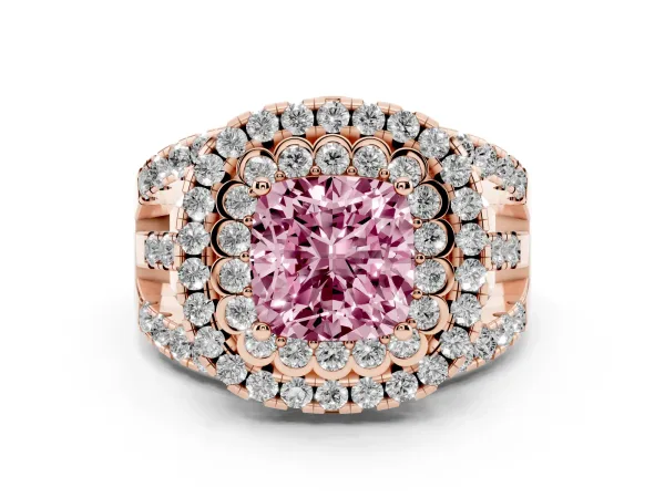 Fancy Pink Cushion Cut Diamond Double Halo Ring with Round Pavé Split Shank and Prong Setting Rose gold