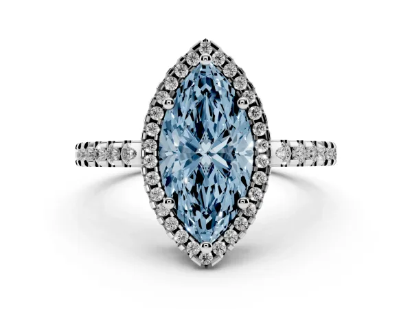 Fancy Blue Marquise Cut Diamond Halo Engagement Ring with Pavé Band and Prong Setting Platinum