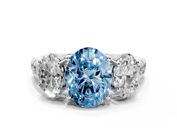 Fancy Blue Three-Stone Oval Cut Diamond Pavé Band with Prong Setting Platinum