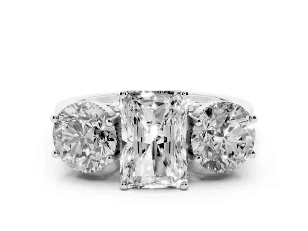 Three-Stone Radiant Cut Diamond Engagement Ring with Prong Setting on a Classic Band Platinum
