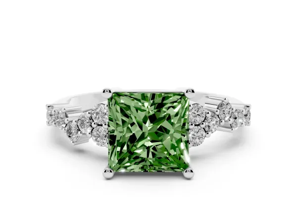 Fancy Green Princess Cut Diamond Scattered Round Accent Ring with Prong Setting Platinum