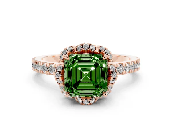 Fancy Green Asscher Cut Halo Diamond Pave Band Ring with Four-Prong Setting Rose gold