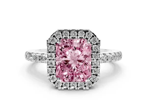 Fancy Pink Radiant Cut Halo Diamond Engagement Ring with Pavé Band and Four-Prong Setting White gold