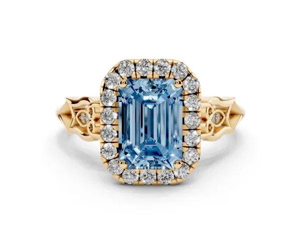 Fancy Blue Emerald Cut Halo Diamond Engagement Ring with Filigree Band and Four-Prong Setting Yellow gold