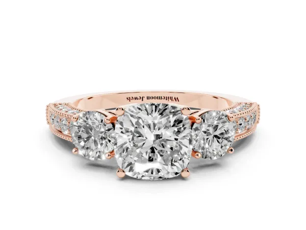 Cushion Cut Three-Stone Diamond Ring with Pavé Band and Four-Prong Setting Rose gold