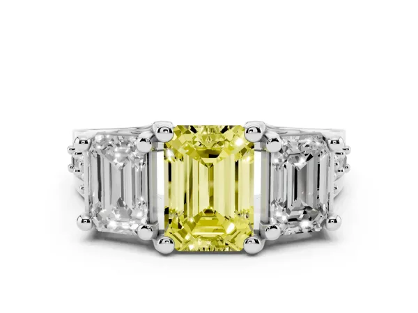 Fancy Yellow Emerald Cut Diamond Three-Stone Ring with Channel Set Band and Four-Prong Setting Platinum