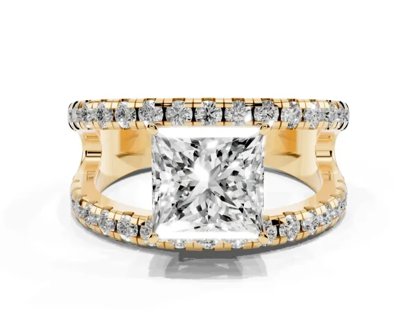 Princess Cut Solitaire Split Shank Pave Diamond Ring Yellow gold