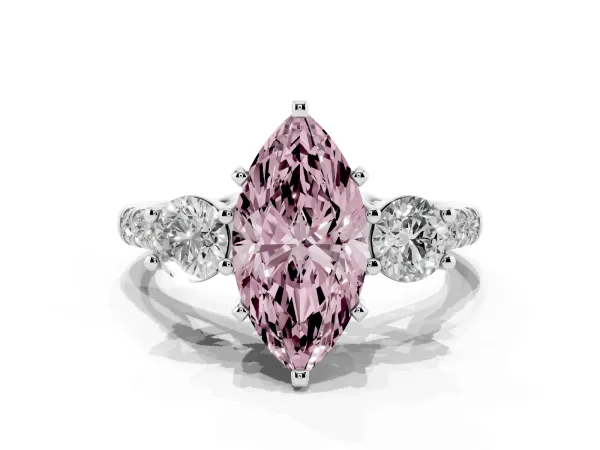 Fancy Pink Three-Stone Marquise Cut Diamond Pavé Band with Four-Prong Setting White gold