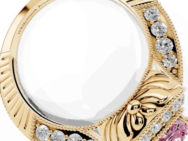 Fancy Pink Cushion Cut Halo Diamond Split Shank Ring with Milgrain Detail Yellow gold