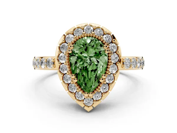 Fancy Green Pear Cut Diamond Halo Ring with Pavé Band and Prong Setting Yellow gold