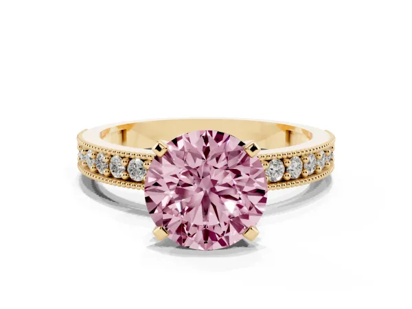 Fancy Pink Round Cut Diamond Milgrain Pavé Engagement Ring with Four-Prong Setting Yellow gold