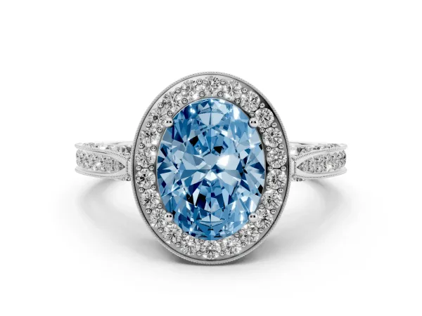 Fancy Blue Oval Cut Halo Diamond Engagement Ring with Split Shank Band and Four-Prong Setting Platinum