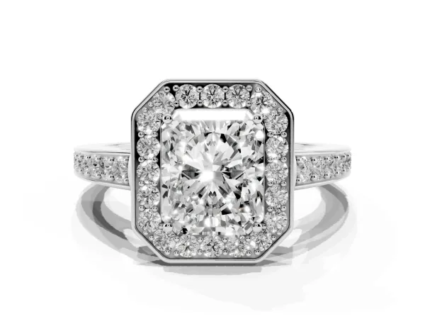 Radiant Cut Halo Pavé Diamond Engagement Ring with Bezel Setting White gold