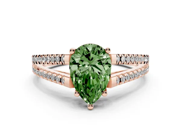 Fancy Green Pear Cut Diamond Solitaire Engagement Ring with Split Shank Pavé Band Rose gold