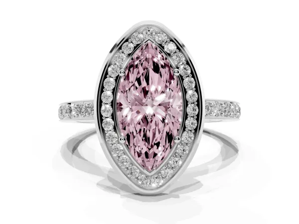 Fancy Pink Marquise Cut Diamond Halo Ring with Bezel Frame and Pavé Band Platinum