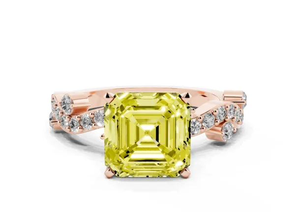 Fancy Yellow Asscher Cut Cut Solitaire Diamond Twisted Band with Pave Setting Rose gold