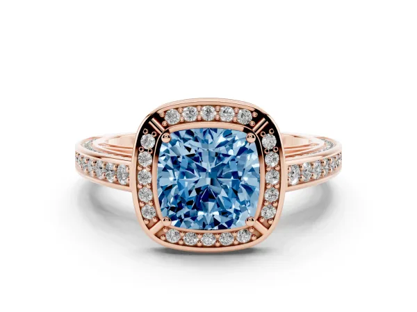 Fancy Blue Cushion Cut Cut Halo Pave Split Shank Prong Setting Ring Rose gold