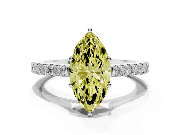 Fancy Yellow Marquise Cut Cut Solitaire Diamond Engagement Ring with Pave Band and Four-Prong Setting Platinum